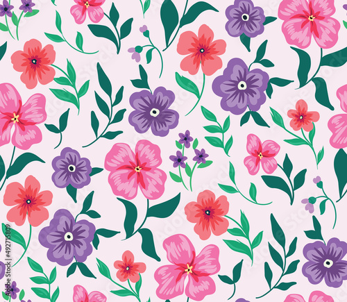 Seamless pattern with delicate isolated plants on a light field. Romantic floral print with various hand drawn flowers, leaves, twigs. Cute botanical background in pastel colors. Vector.