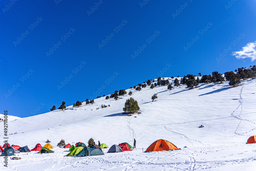 Scenic view of Kızlarsivrisi mountain, 3070 meter high, which is very popular for mountaineering, Elmalı, Antalya - obrazy, fototapety, plakaty 