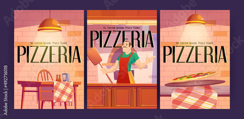 Pizzeria ads posters with man baker hold pizza shovel stand near oven at cafe cashier desk. Invitation flyer to cozy family place in rustic style, food court cafeteria, Cartoon vector illustration