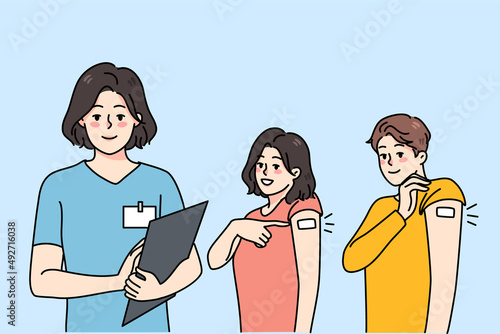 Smiling people show arm with bandage after vaccination. Stop corona virus promo campaign. Doctor vaccinate employee against covid-19. Coronavirus protection. Vector illustration. 