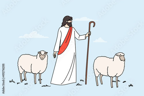Jesus Christ and lambs walk in field. Biblical story of Jesus as shepherd. Concept of religion and faith. Religious scene, superstition and belief. Flat vector illustration, cartoon character. 