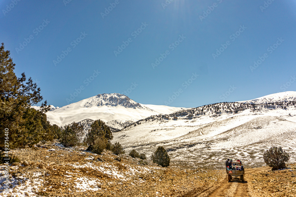 Scenic view of Kızlarsivrisi mountain, 3070 meter high, which is very popular for mountaineering, Elmalı, Antalya