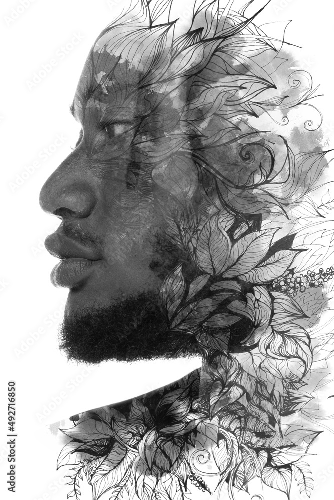 Fototapeta premium A portrait of a man combined with an ink painting of leaves. Paintography.