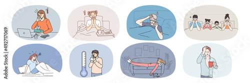 Set of unwell sick people stay at home struggle with covid-19 symptoms. Collection of unhealthy humans feel ill suffer from corona virus or flu. Healthcare and medicine. Vector illustration. 