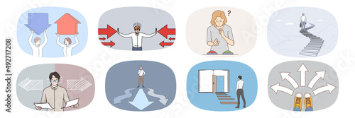 Set of businesspeople make decision unsure about career path. Collection of diverse people feel frustrated confused having dilemma decide or plan. Challenge and doubt. Vector illustration. 