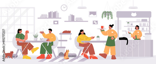People visit cat cafe, male and female characters sitting at tables drinking beverages with kittens playing and relaxing around. Pets friendly hospitality, cozy place Line art vector illustration