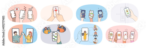 Set of diverse people hands hold cellphone in hands communicate online on gadget. Collection of users enjoy texting messaging on smartphone. Communication and social media. Vector illustration. 