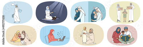 Set of diverse Arabic people in traditional clothes show everyday life of east culture. Collection of Arabian men and women in family follow Muslim cultural traditions. Vector illustration. 