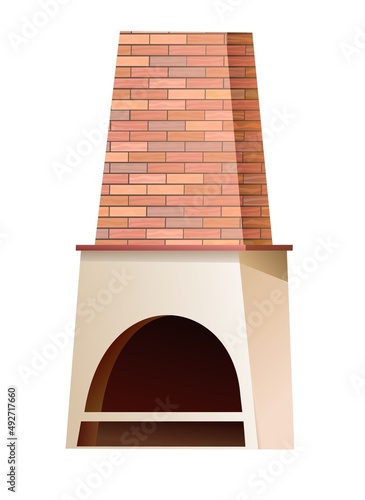 Fireplace with brick chimney and mantel for living room. Antique oven for baking by fire. House hearth home. Cartoon style. Object isolated on white background. Vector