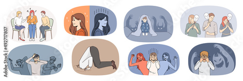 Set of unhappy sick diverse people suffer from mental psychological problems. Collection of scared emotional men and women struggle with panic attack or bipolar disorder. Vector illustration. 