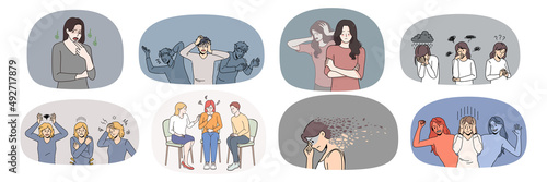 Set of unhappy person feel stressed suffer from bipolar disorder or mood swing. Collection of unhealthy sad people struggle with depression or psychological mental problems. Vector illustration. 