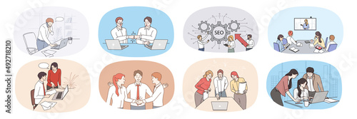 Set of businesspeople brainstorm collaborate together in office. Collection of diverse employees cooperate work on laptop together at workplace. Teamwork concept. Vector illustration. 