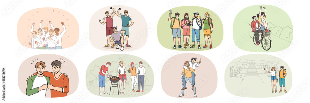 Set of diverse young people have fun enjoy college or university years. Collection of happy teenagers or students relax with friends on summer vacation. Youth, friendship. Vector illustration. 