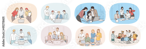 Set of businesspeople team work together at group meeting in office. Collection of diverse employees or workers cooperate discuss ideas at briefing. Teamwork concept. Vector illustration. 