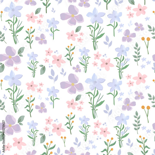 Blue purple floral botanical pattern and seamless background illustration. Spring cute wild flower fresh background.
