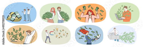 Set of overjoyed diverse people with stacks of money excited with lottery win or victory. Bundle of happy men and women get dividend from successful investment. Finance, bank. Vector illustration. 