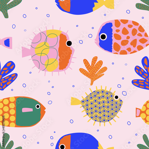 Seamless pattern with cute reef fishes, puffer fishes, corals. Funny multicolor background, marine texture. Contemporary vector illustration.