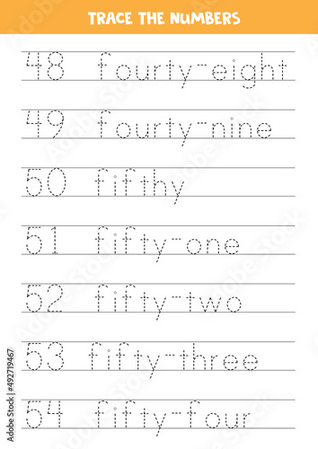 Tracing numbers from 48 to 54. Writing practice for kids.