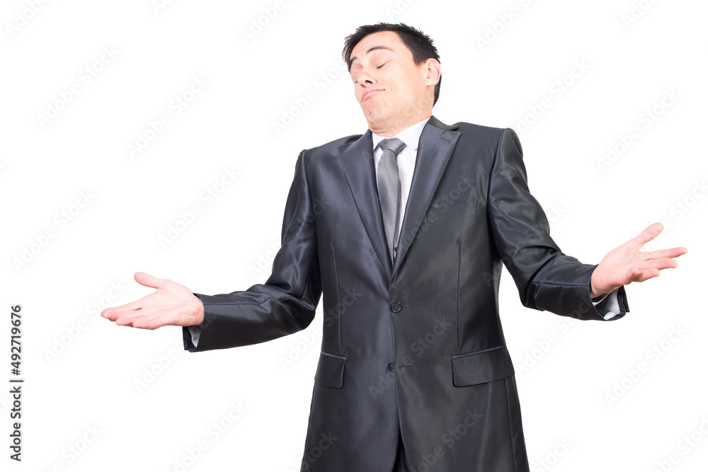 Unsure businessman shrugging shoulders in white studio Unsure businessman shrugging shoulders in white studio