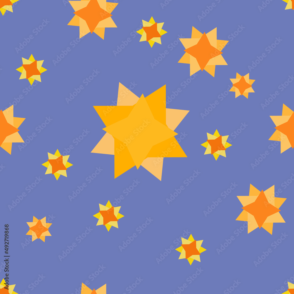Yellow star, pattern on blue sky or galaxy. Asteroid ornament. For children's design, textiles and fabrics, random, repeat, tile, wallpaper. Seamless pattern, endless for decor. Vector illustration Yellow star, pattern on blue sky or galaxy. Asteroid ornament. For children's design, textiles and fabrics, random, repeat, tile, wallpaper. Seamless pattern, endless for decor. Vector illustration