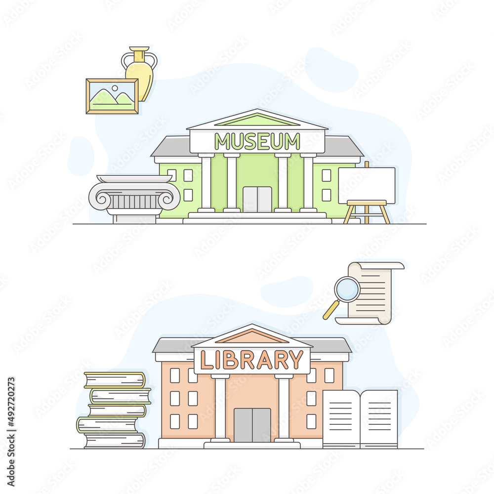 Town public building set. Museum and library facade, commercial property vector illustration