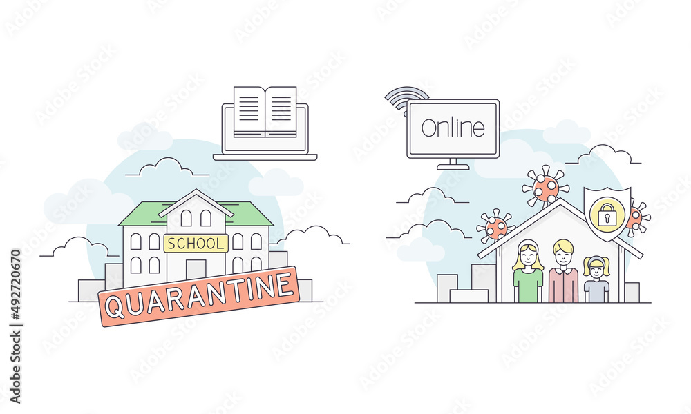Distance school education during pandemic. E-learning, online education related symbols set vector illustration
