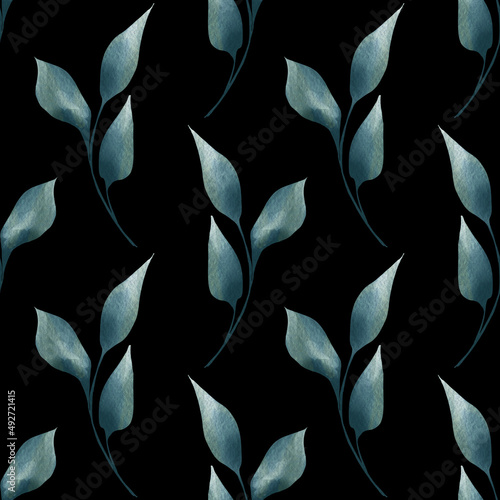 Leaves and branches seamless pattern on black background. Watercolor