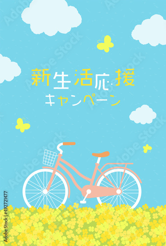 vector background with a bicycle on the canola flower field for banners, cards, flyers, social media wallpapers, etc.