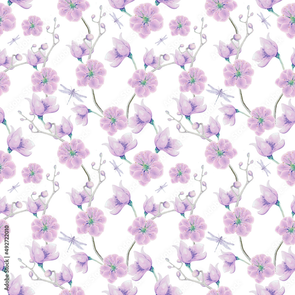 Fototapeta Elegant hand drawn floral seamless pattern