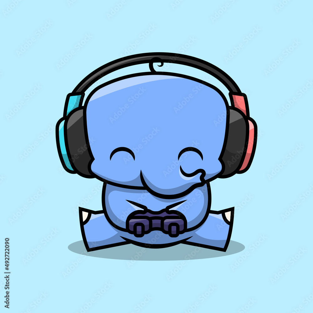 Obraz premium A CUTE ELEPHANT IS PLAYING A GAME AND WEARING HEADPHONES. PREMIUM CARTOON VECTOR.