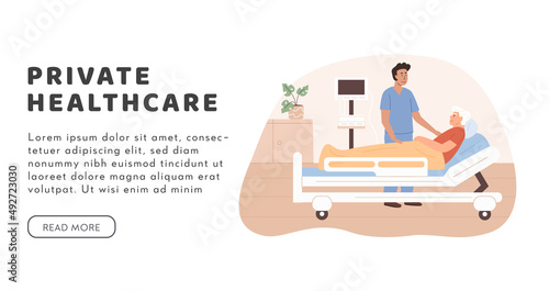 Residential care or private healthcare facility vector web banner template in flat style. Doctor visit patient at hospital. Home care services for elderly people. Sick old man lying on bed.