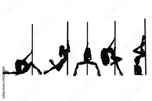 Pole dance silhouette black and white, women show their sexuality and flexibility. Vector illustration. 