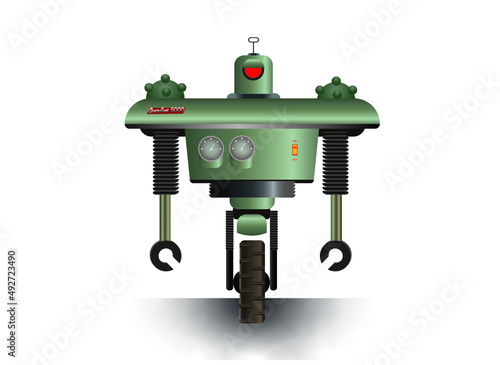 atompunk one wheel robot, 1950's sci-fi robotic guard concept, vector illustration