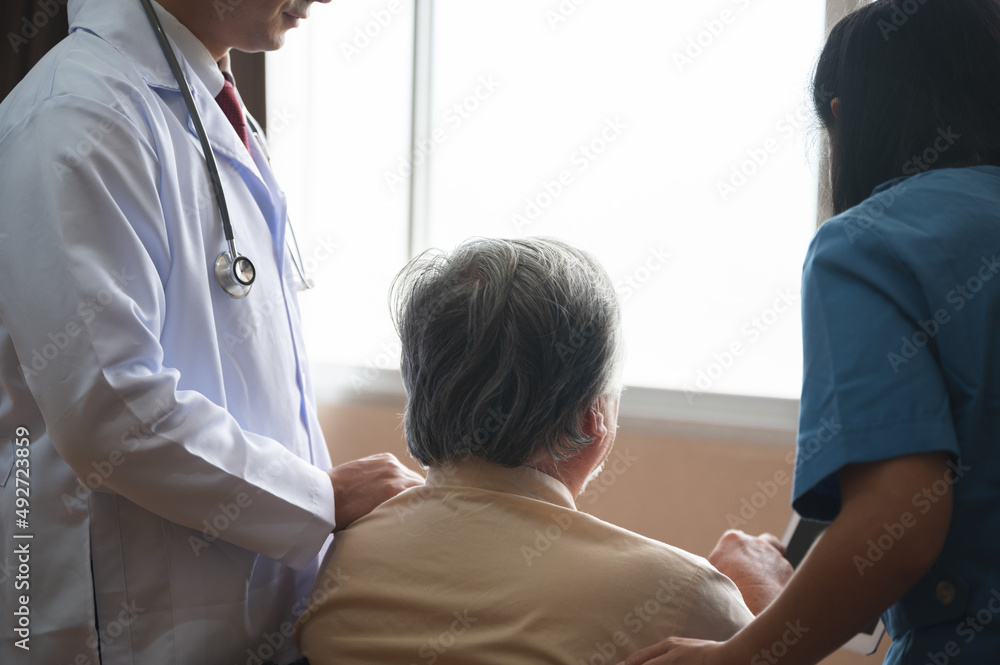 Fototapeta premium health insurance concept, Elderly patients living in hospital for medical checking by professional doctor and support by nurse, medicine health care for senior person