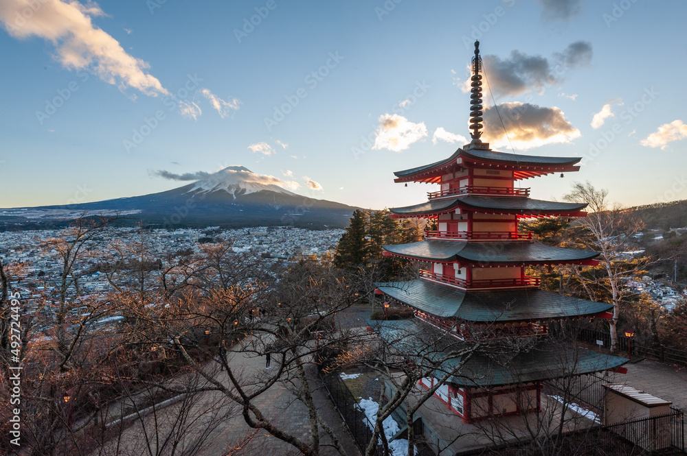 Wide angle shot of the Arakura Fuji Segen Shrine with mount Fuji in the background.
