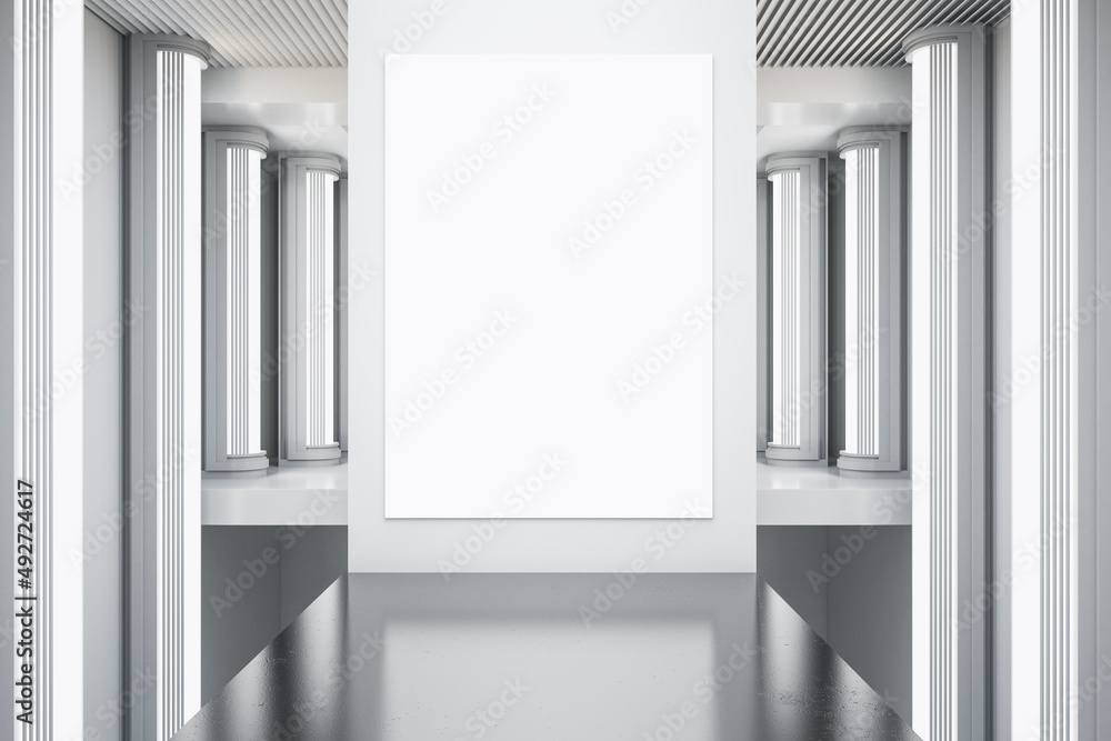 Modern concrete interior with runway and empty white mock up poster. Presentation and fashion concept. 3D Rendering. Modern concrete interior with runway and empty white mock up poster. Presentation and fashion concept. 3D Rendering.