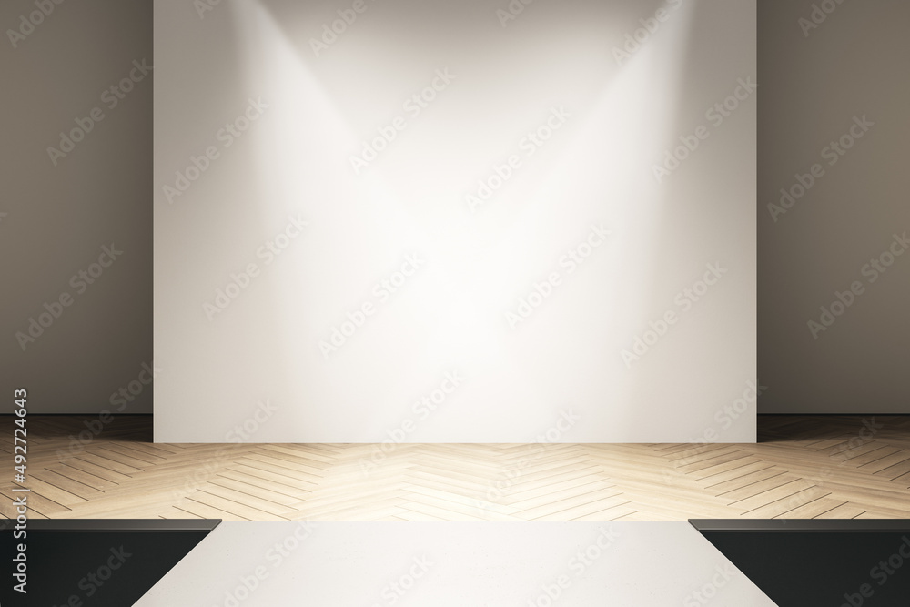 Modern concrete auditorium interior with runway and empty mock up place on wall. Presentation and fashion concept. 3D Rendering. Modern concrete auditorium interior with runway and empty mock up place on wall. Presentation and fashion concept. 3D Rendering.