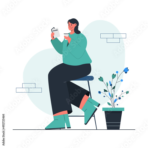 A girl reading book while holding a cup of coffee concept illustration