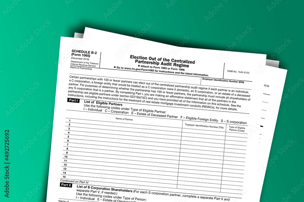 Form 1065 (Schedule B-2) documentation published IRS USA 12.19.2018. American tax document on colored Form 1065 (Schedule B-2) documentation published IRS USA 12.19.2018. American tax document on colored