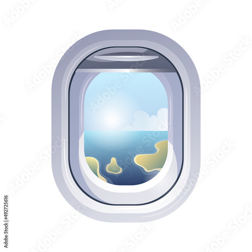 Airplane window or porthole overlooking the islands in the ocean. Air travel, tourism, adventure, journey, Airplane concept. Isolated vector illustration for banner, poster, cover, advertising.