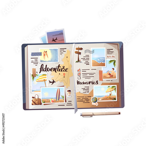 Travel journal with photos. Travel, tourism, adventure, journey, photography, memories concept. Isolated vector illustration for banner, poster, cover, advertising.