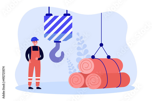 Industrial worker moving heavy construction materials with crane. Man using factory equipment for loading flat vector illustration. Industry concept for banner, website design or landing web page
