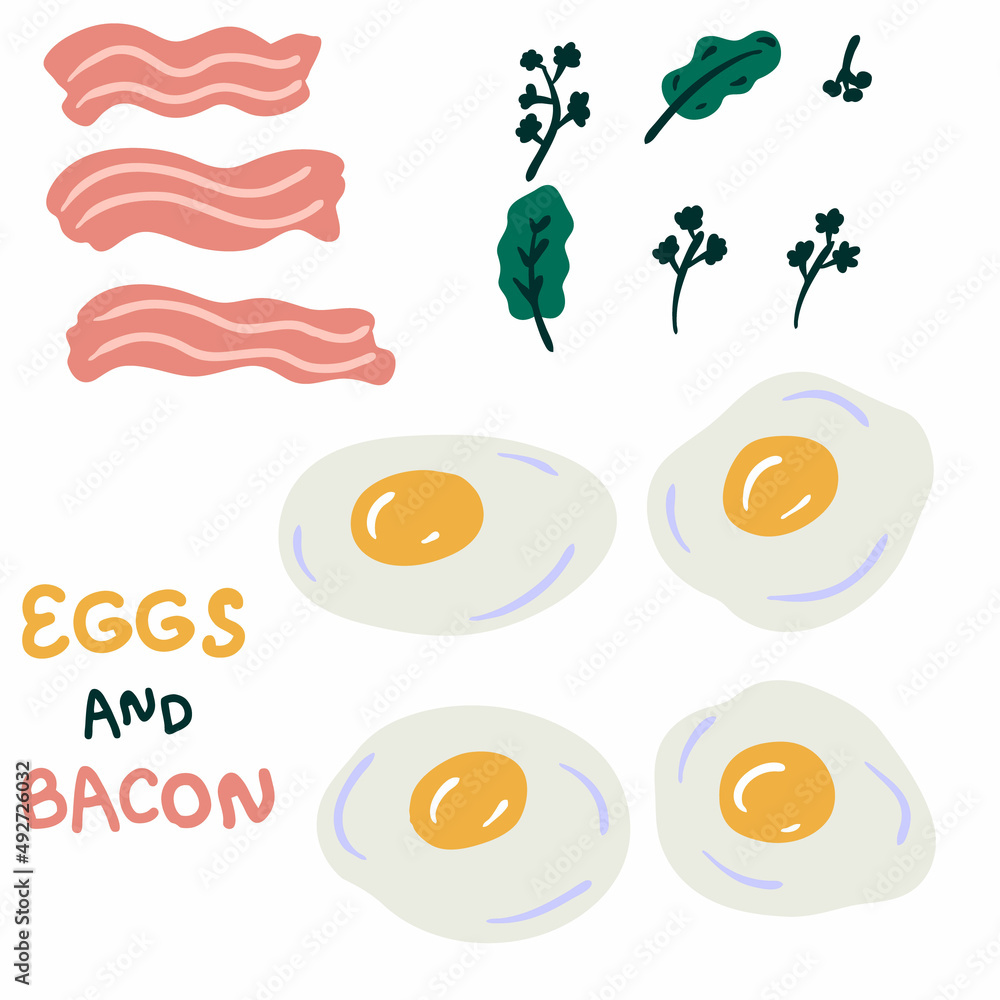Fried eggs with bacon and greenery vector elements collection. Perfect for logo, menu, stickers and print. Hand drawn vector illustration for decor and design. Fried eggs with bacon and greenery vector elements collection. Perfect for logo, menu, stickers and print. Hand drawn vector illustration for decor and design.