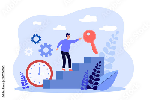 Man climbing stairs for key. Process of achieving goal and growth of tiny person flat vector illustration. Achievement, success strategy concept for banner, website design or landing web page
