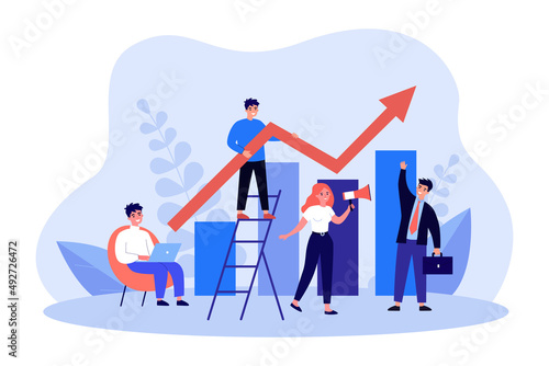 Teamwork of business partners holding growing arrow together. Work of tiny people on profit increase flat vector illustration. Progress, growth concept for banner, website design or landing web page