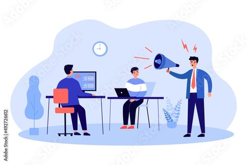 Loud shout from angry boss to working employees. Male employer holding megaphone flat vector illustration. Work problem, conflict, stress concept for banner, website design or landing web page