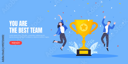 Employee recognition or proud workers of the month business concept flat style design vector illustration. Young adult people jump in the air with trophy cup.