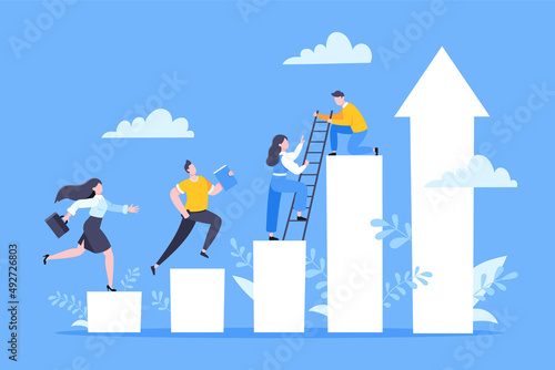 Business mentor helps to improve career and holding stairs steps vector illustration. Mentorship, upskills, climb help and self development strategy flat style design business concept.