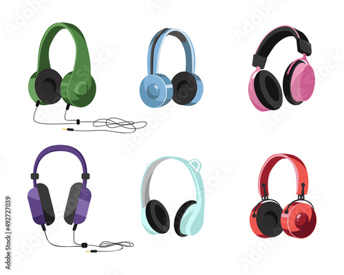 Different colorful headphones vector illustrations set. Collection of cartoon drawings of headsets or earphones for listening to music on white background. Music, technology, entertainment concept
