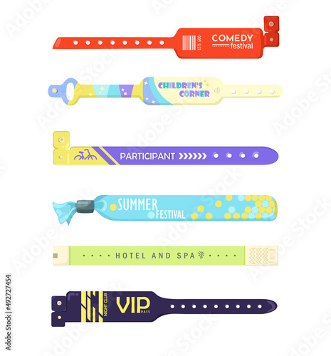 Bracelets for event or concert entrance vector illustrations set. Colorful plastic wristbands for hand, party, festival or hotel admission isolated on white background. Event, entertainment concept